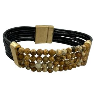 Picture Jasper Stone Bead Black Leather Cord Strap Bracelet